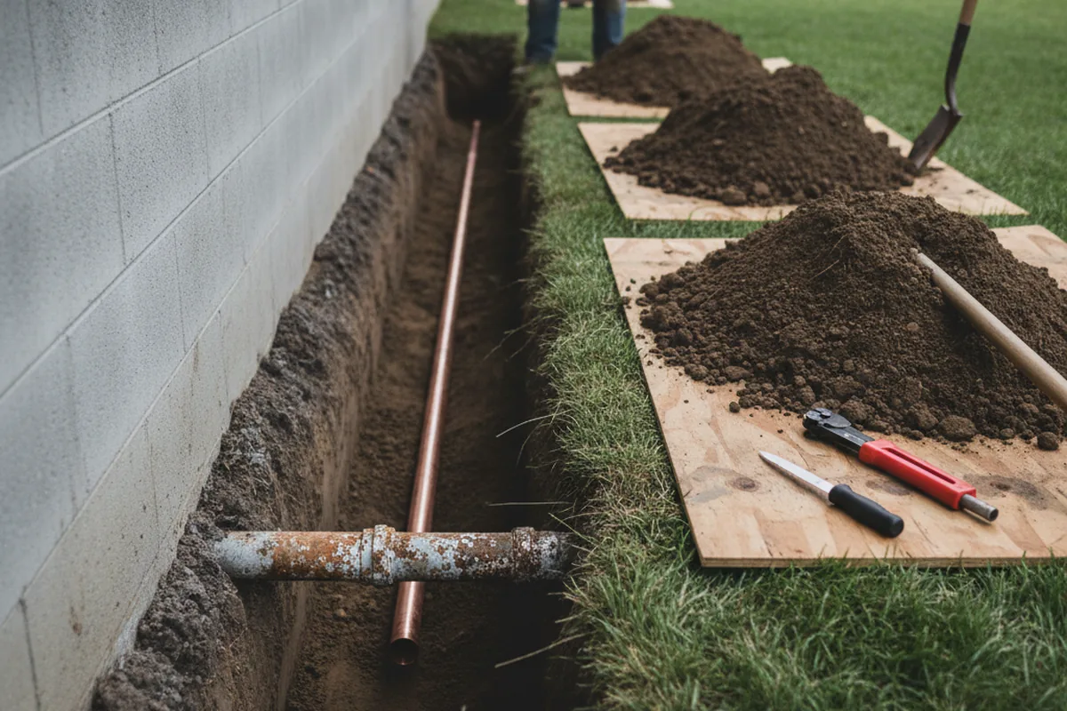 Excavated water line trench during Water Softener Installation in Bolivar